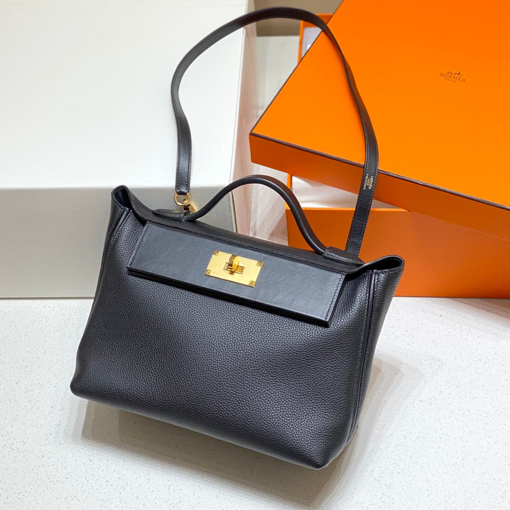 HM 26S 24/24 29CM IN BLACK EVERCOLOR CALFSKIN GOLD KELLY BUCKLE