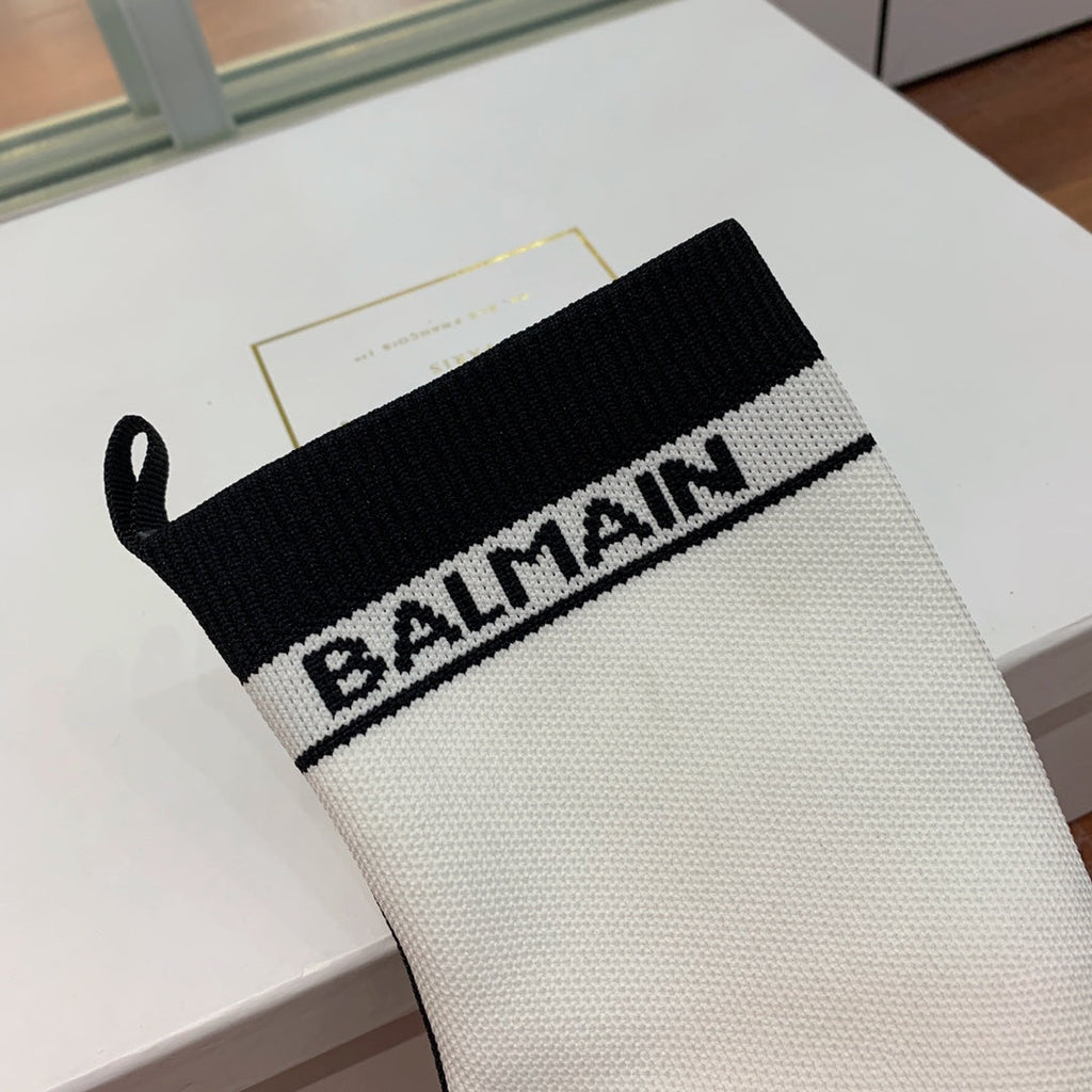 BALMAIN 26S BOOTS 105 MM IN WHITE AND BLACK FLYKNIT STYLE 18