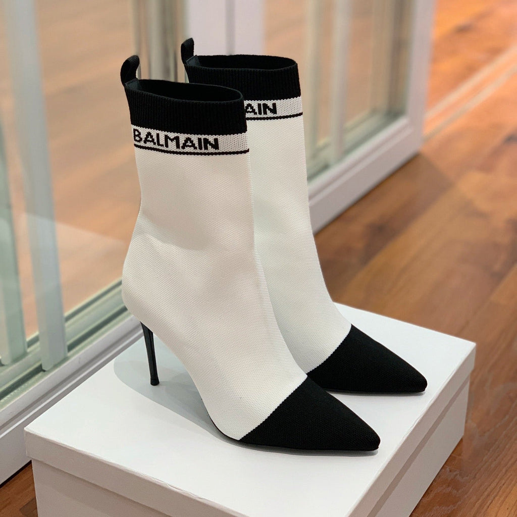 BALMAIN 26S BOOTS 105 MM IN WHITE AND BLACK FLYKNIT STYLE 18
