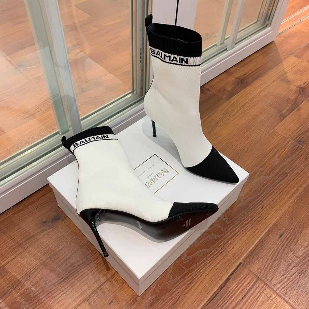 BALMAIN 26S BOOTS 105 MM IN WHITE AND BLACK FLYKNIT STYLE 18