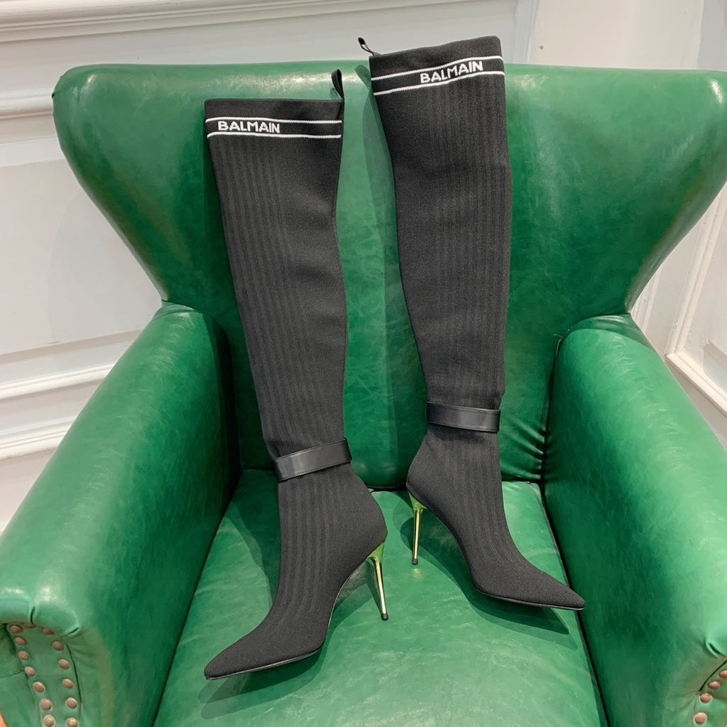 BALMAIN 26S HIGH-TOP BOOTS 105 MM IN BLACK FLYKNIT