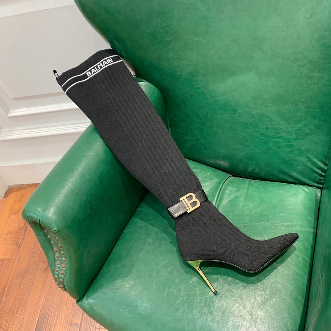 BALMAIN 26S HIGH-TOP BOOTS 105 MM IN BLACK FLYKNIT
