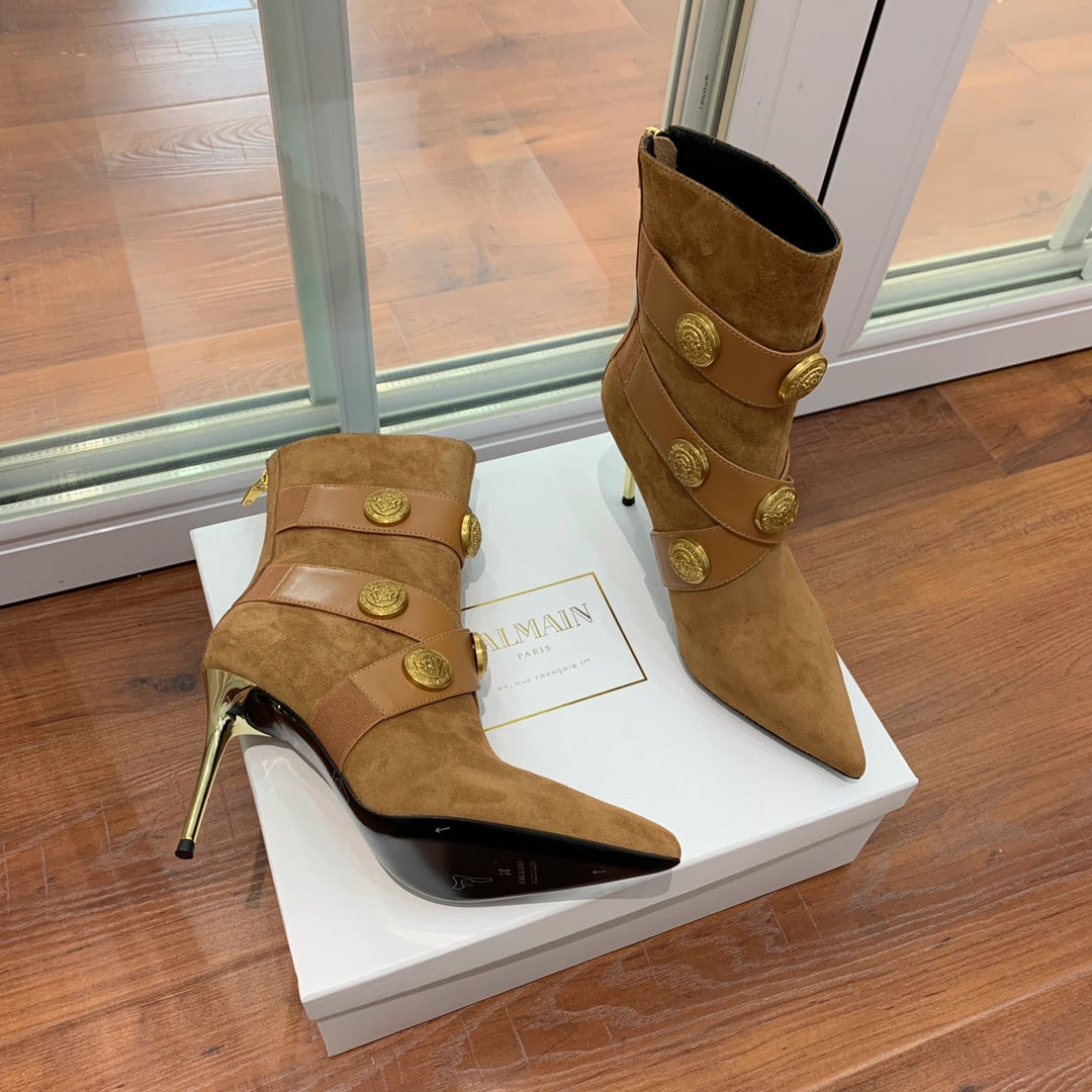 BALMAIN 26S BOOT 105 MM IN BROWN SUEDE WITH GOLD HARDWARE