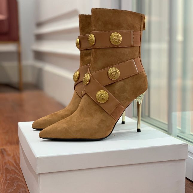 BALMAIN 26S BOOT 105 MM IN BROWN SUEDE WITH GOLD HARDWARE