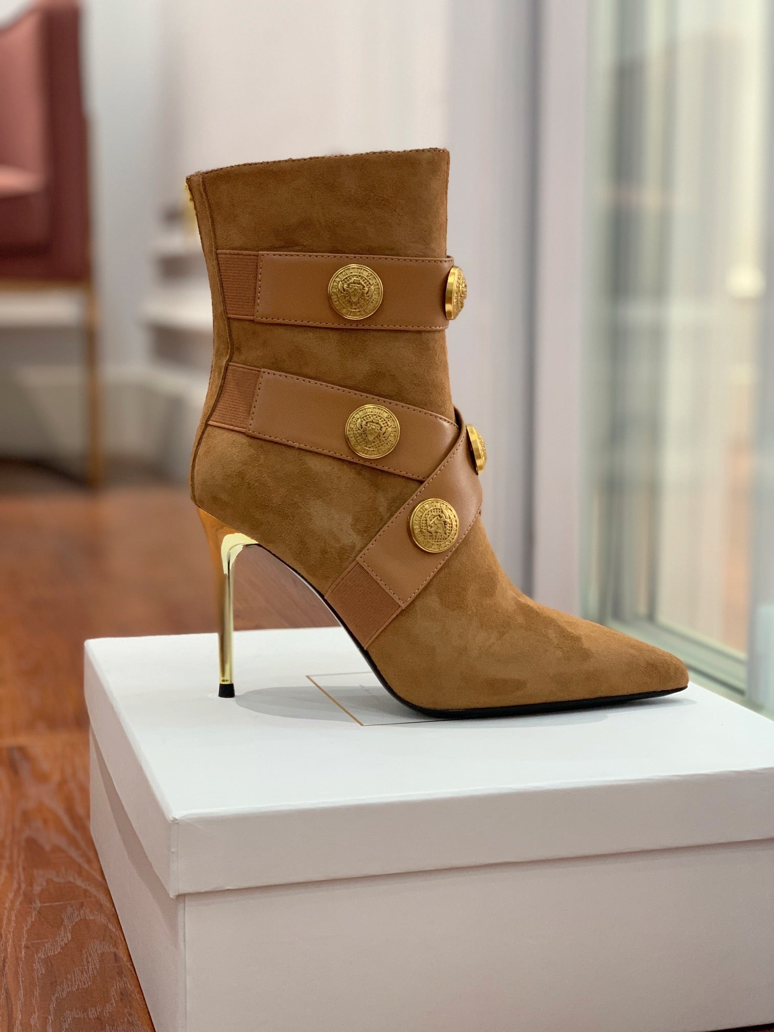 BALMAIN 26S BOOT 105 MM IN BROWN SUEDE WITH GOLD HARDWARE