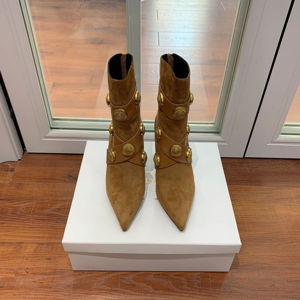 BALMAIN 26S BOOT 105 MM IN BROWN SUEDE WITH GOLD HARDWARE