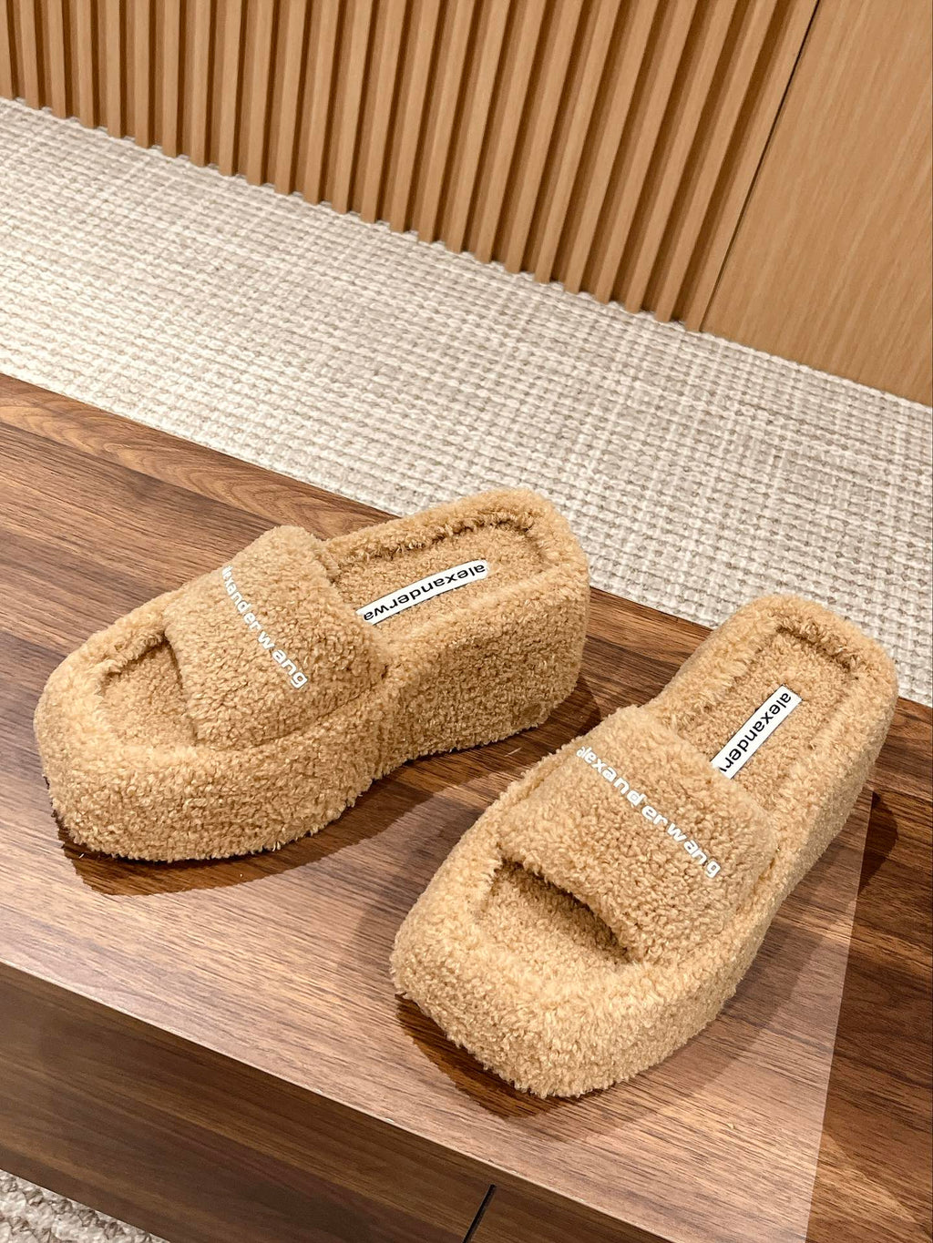 CHUNKY PLATFORM SIPPERS IN CAMEL BEIGE LAMBSWOOL