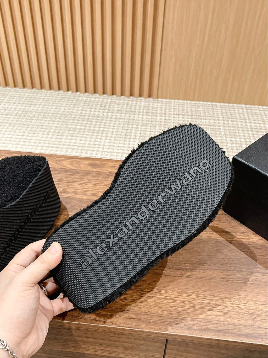 CHUNKY PLATFORM SIPPERS IN BLACK LAMBSWOOL
