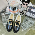VIV' RANGERS LOAFERS IN BLACK PATENT CALFSKIN FLEECE LINING GOLD BUCKLE