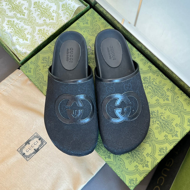 INTERLOCKING G MULE IN BLACK MONOGRAM CANVAS AND LEATHER