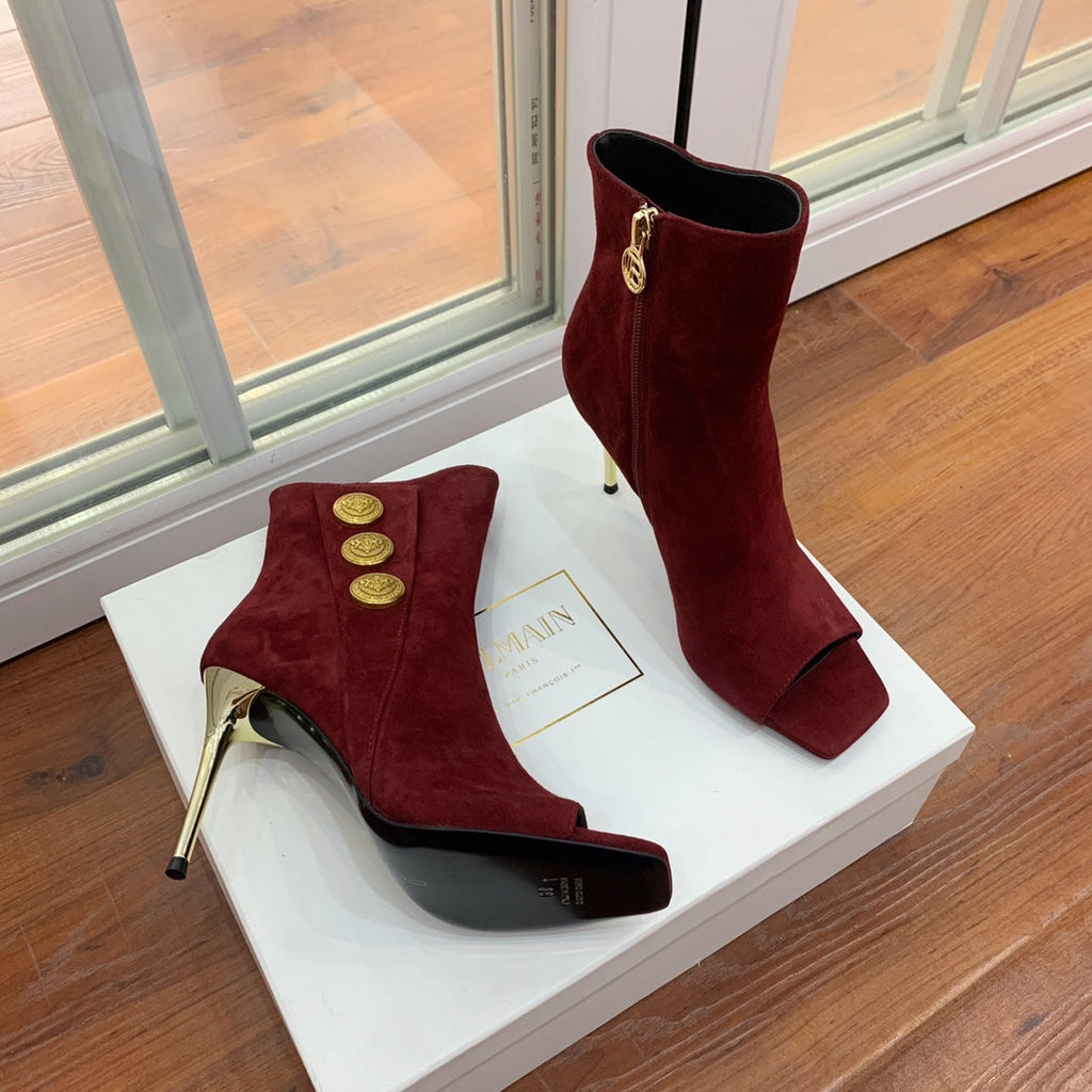 BALMAIN 26S OPEN-TOE BOOTS 95 MM IN DARK RED SUEDE