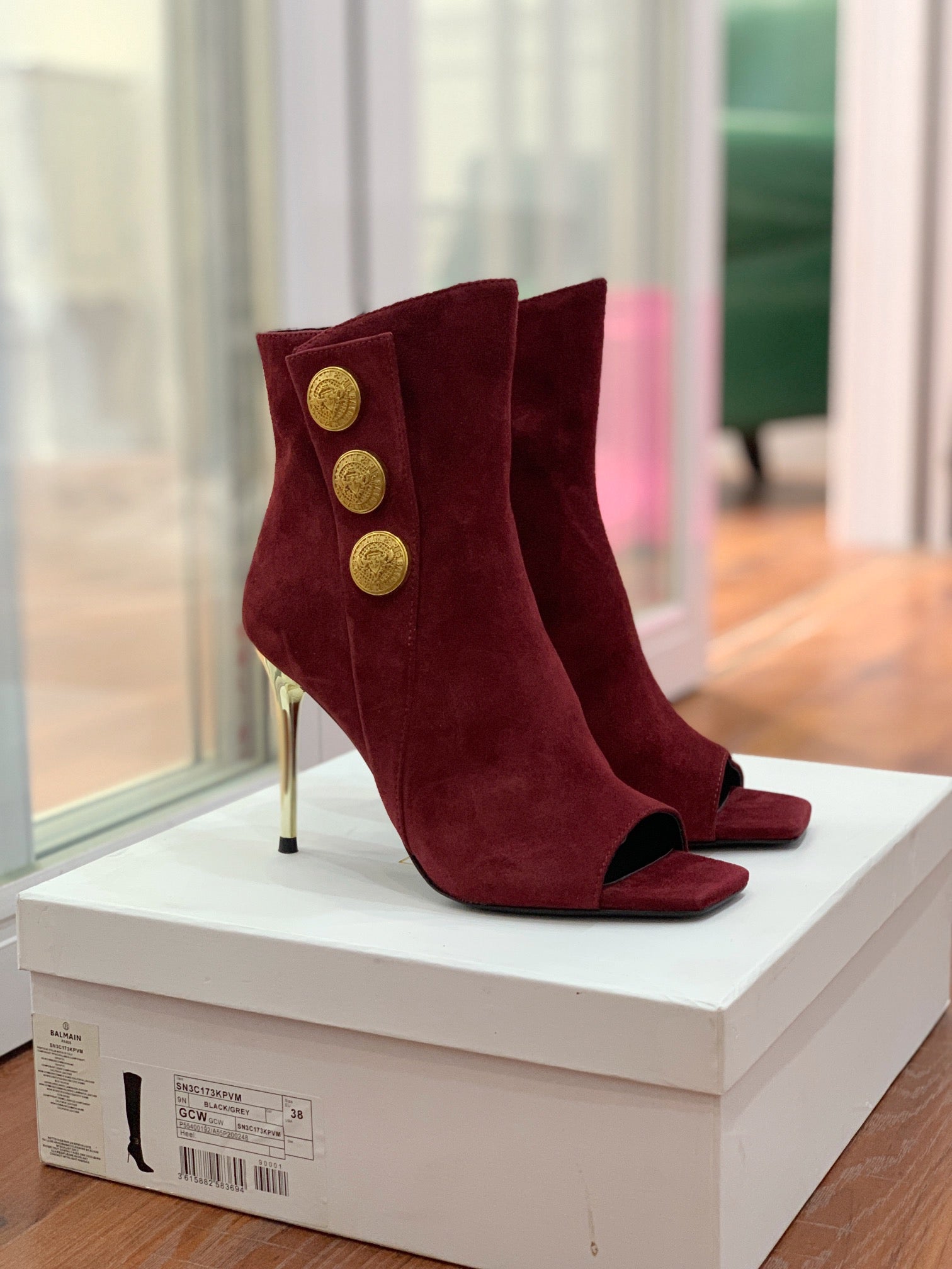BALMAIN 26S OPEN-TOE BOOTS 95 MM IN DARK RED SUEDE