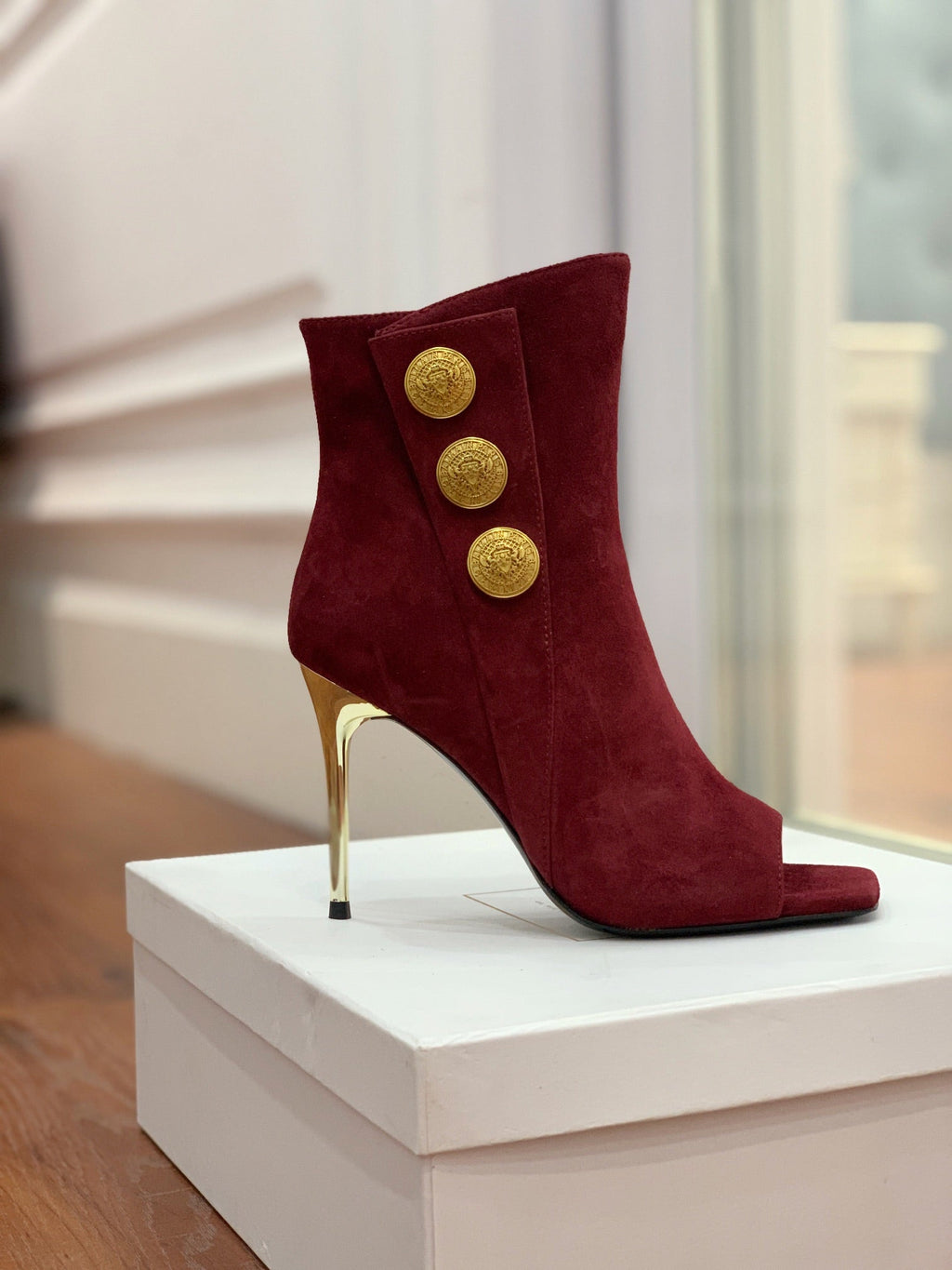 BALMAIN 26S OPEN-TOE BOOTS 95 MM IN DARK RED SUEDE