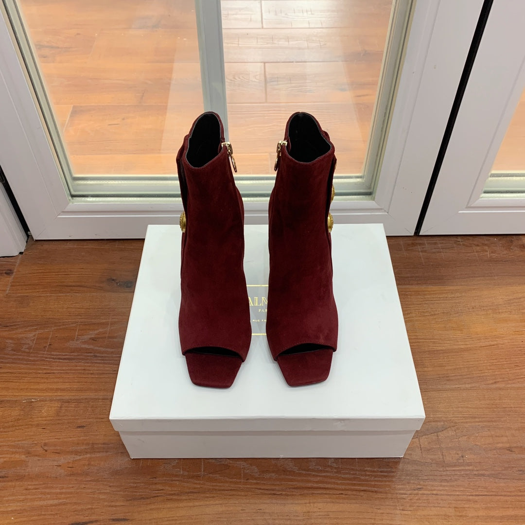BALMAIN 26S OPEN-TOE BOOTS 95 MM IN DARK RED SUEDE