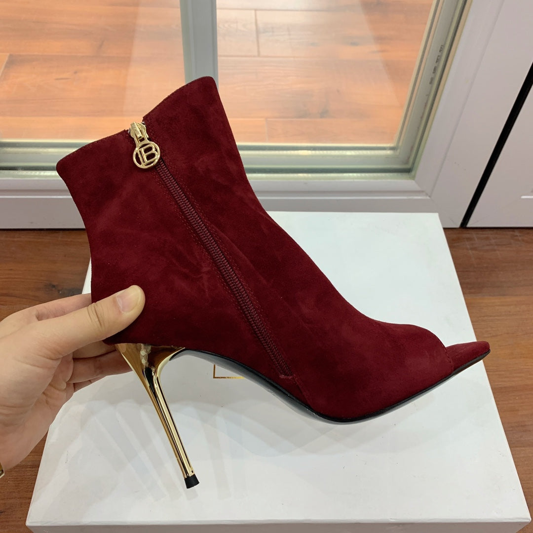 BALMAIN 26S OPEN-TOE BOOTS 95 MM IN DARK RED SUEDE