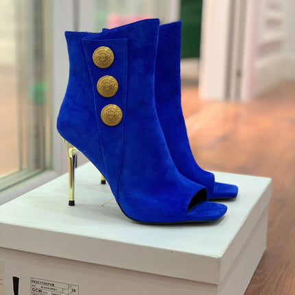 BALMAIN 26S OPEN-TOE BOOTS 95 MM IN NAVY BLUE SUEDE