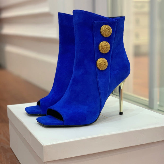 BALMAIN 26S OPEN-TOE BOOTS 95 MM IN NAVY BLUE SUEDE