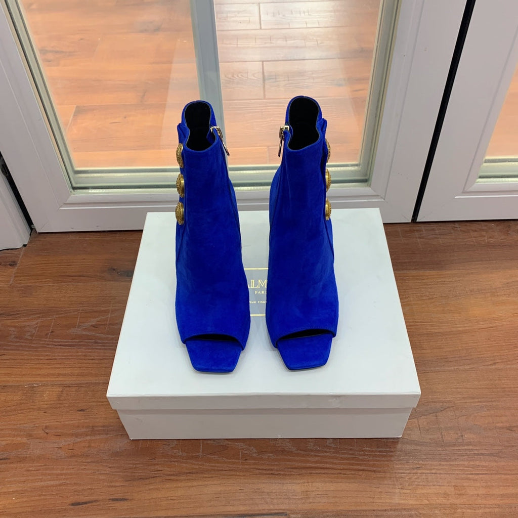 BALMAIN 26S OPEN-TOE BOOTS 95 MM IN NAVY BLUE SUEDE