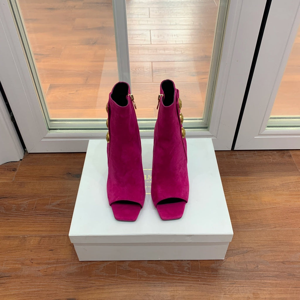 BALMAIN 26S OPEN-TOE BOOTS 95 MM IN DARK PINK SUEDE