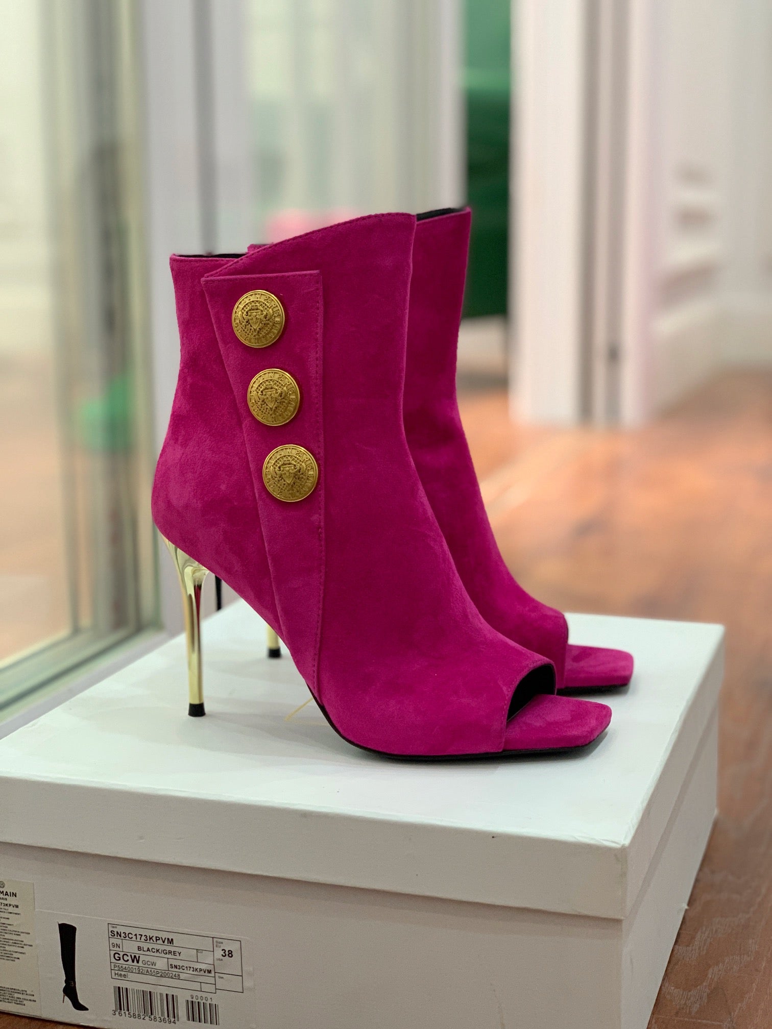 BALMAIN 26S OPEN-TOE BOOTS 95 MM IN DARK PINK SUEDE
