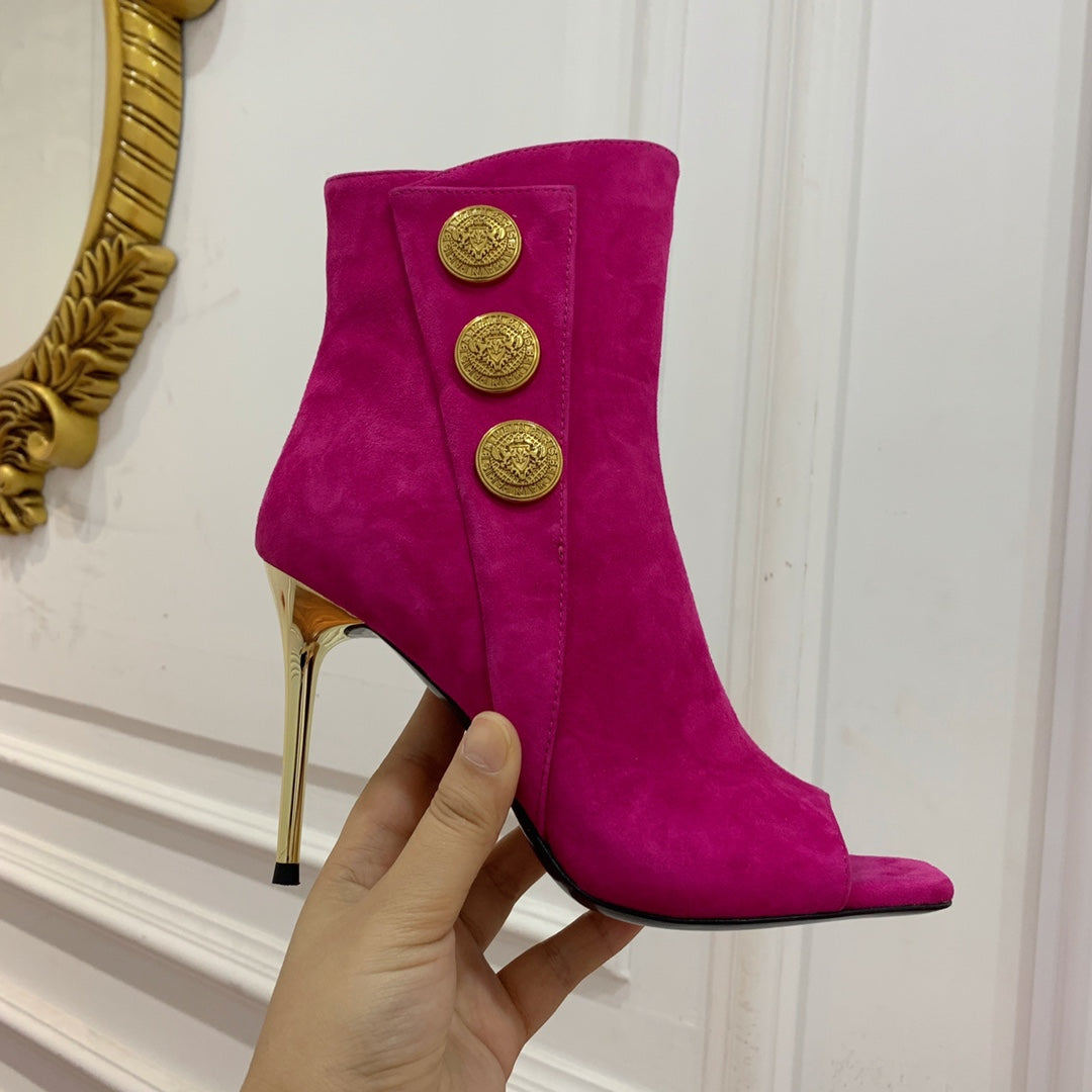 BALMAIN 26S OPEN-TOE BOOTS 95 MM IN DARK PINK SUEDE
