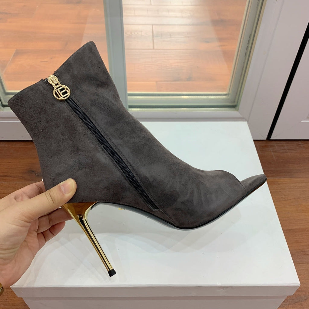 BALMAIN 26S OPEN-TOE BOOTS 95 MM IN GRAYISH BROWN SUEDE