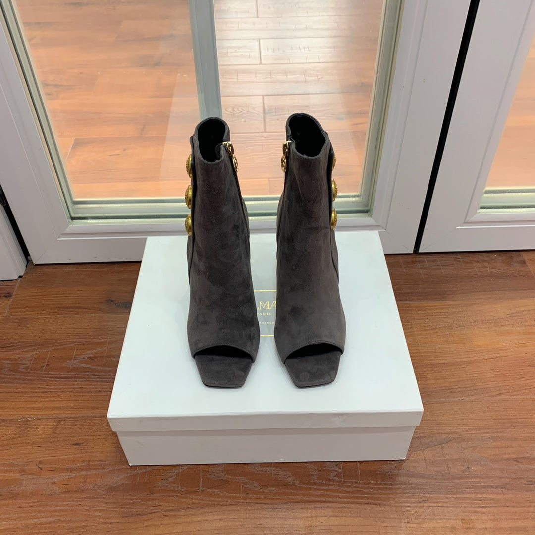 BALMAIN 26S OPEN-TOE BOOTS 95 MM IN GRAYISH BROWN SUEDE