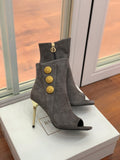 BALMAIN 26S OPEN-TOE BOOTS 95 MM IN GRAYISH BROWN SUEDE