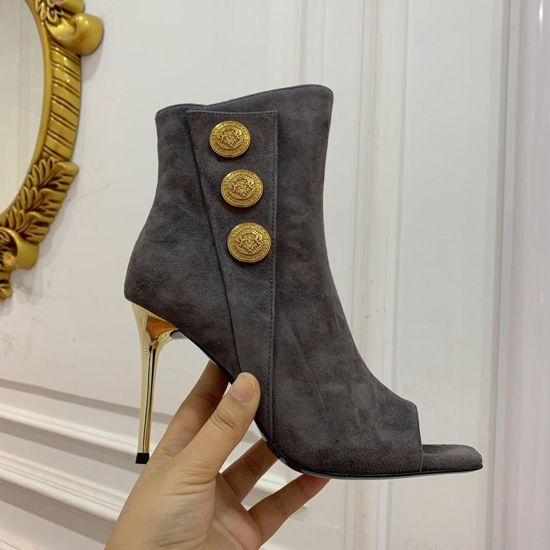 BALMAIN 26S OPEN-TOE BOOTS 95 MM IN GRAYISH BROWN SUEDE