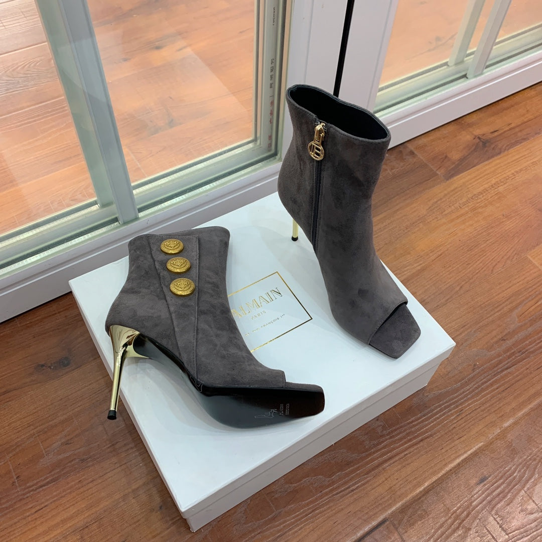 BALMAIN 26S OPEN-TOE BOOTS 95 MM IN GRAYISH BROWN SUEDE