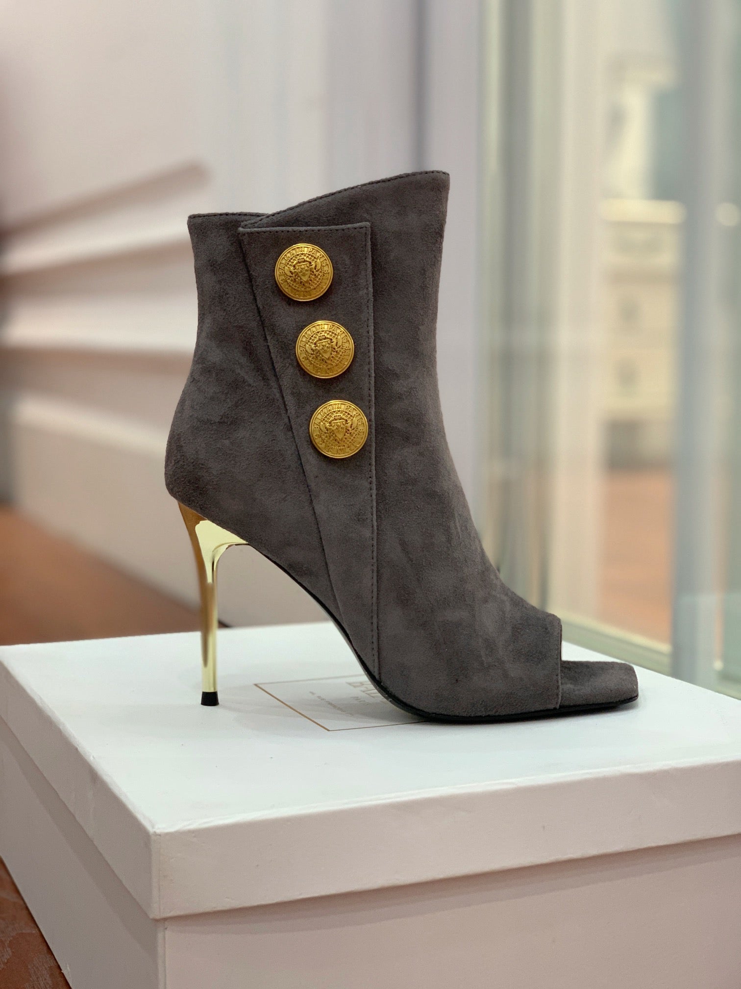 BALMAIN 26S OPEN-TOE BOOTS 95 MM IN GRAYISH BROWN SUEDE