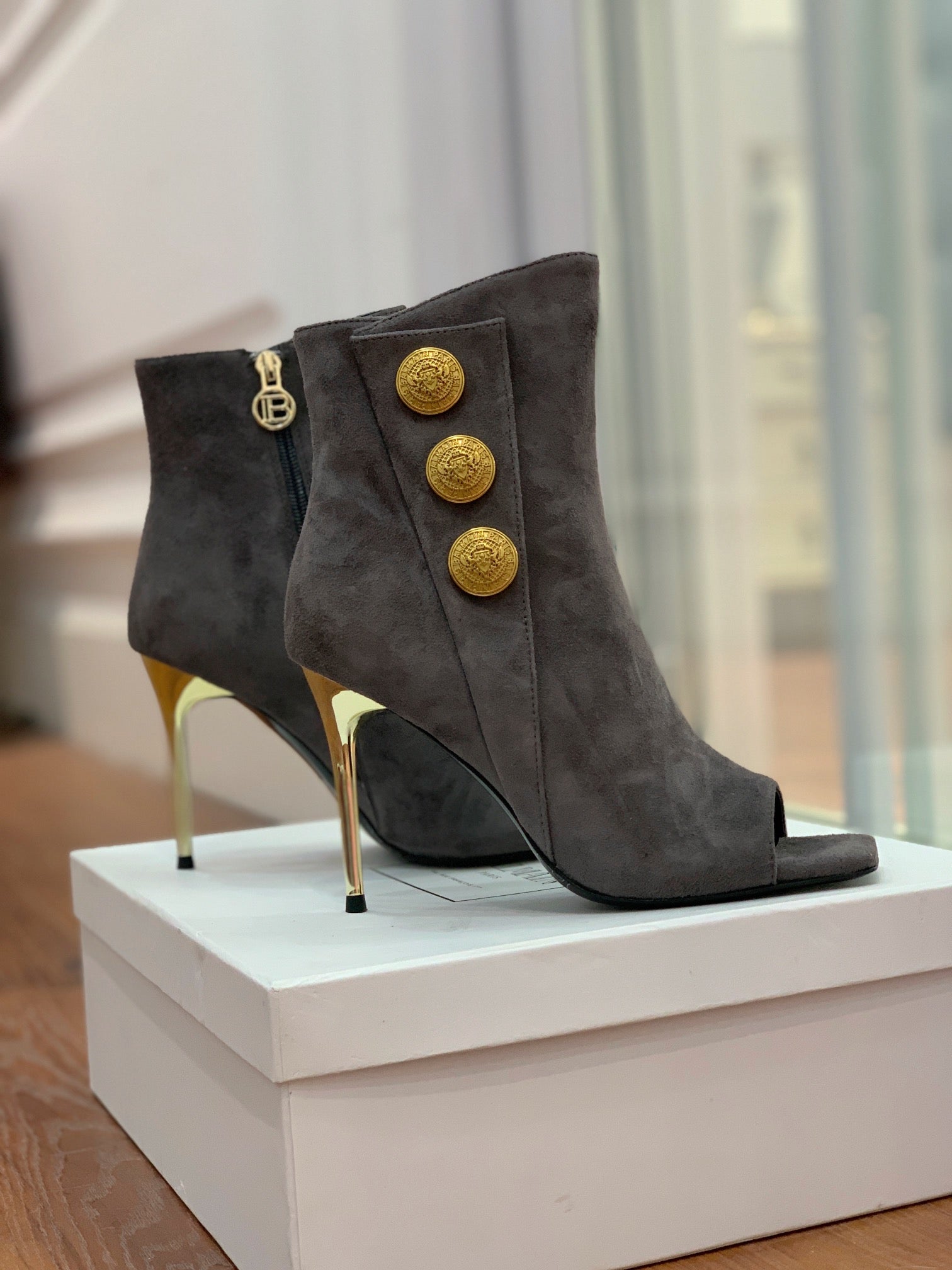 BALMAIN 26S OPEN-TOE BOOTS 95 MM IN GRAYISH BROWN SUEDE