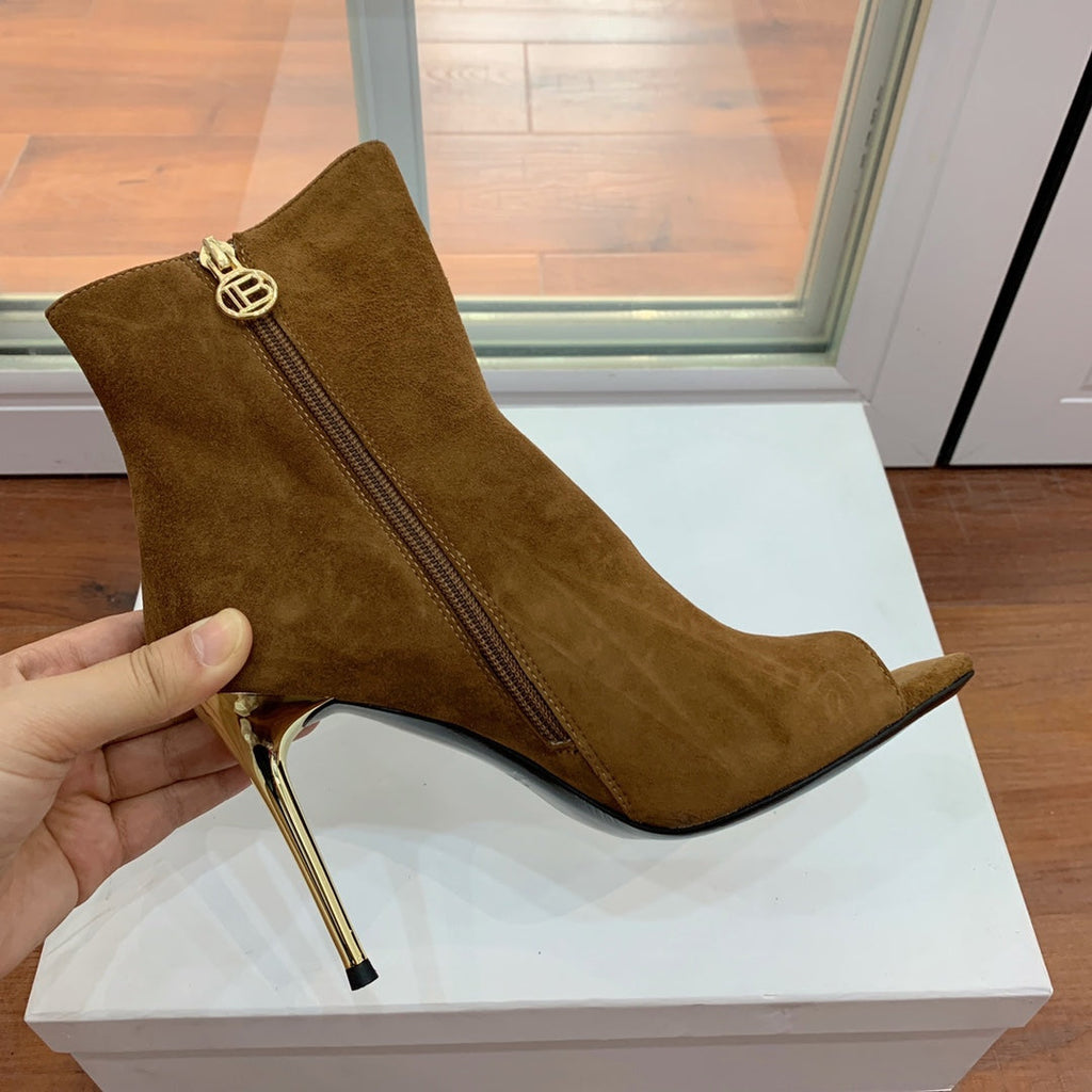 BALMAIN 26S OPEN-TOE BOOTS 95 MM IN BROWN SUEDE