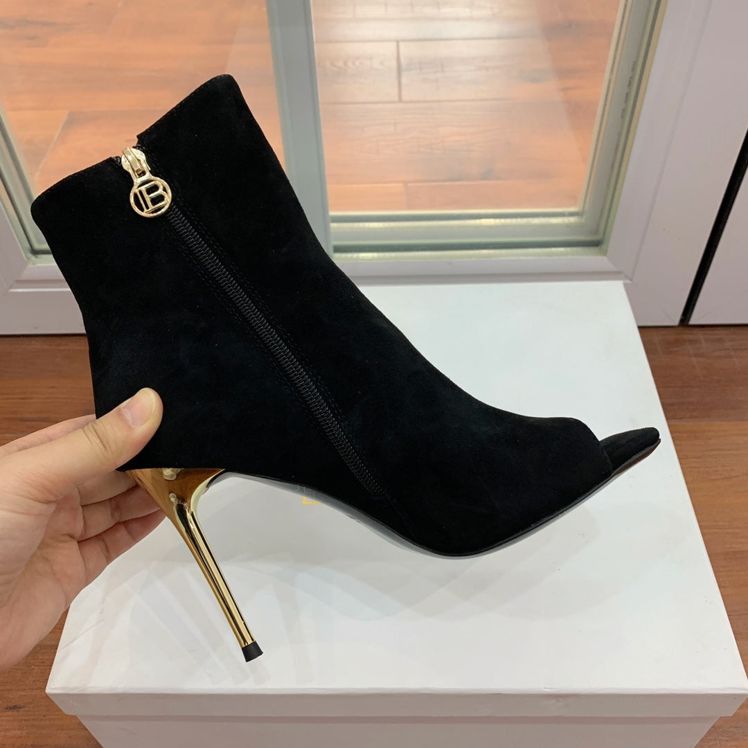 BALMAIN 26S OPEN-TOE BOOTS 95 MM IN BLACK SUEDE