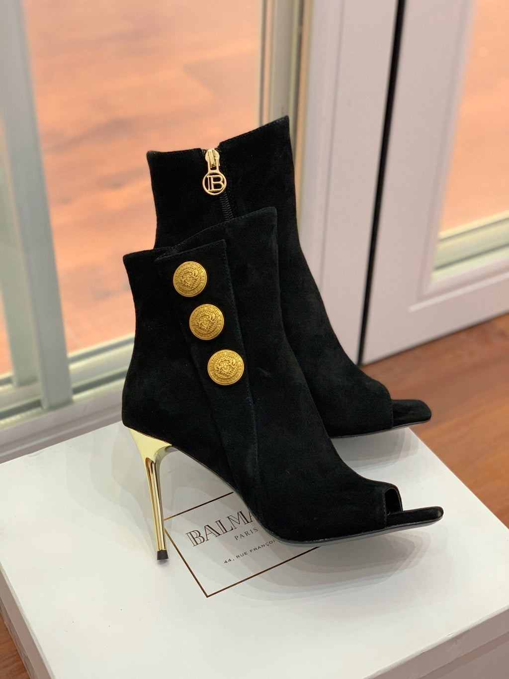 BALMAIN 26S OPEN-TOE BOOTS 95 MM IN BLACK SUEDE