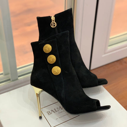 BALMAIN 26S OPEN-TOE BOOTS 95 MM IN BLACK SUEDE