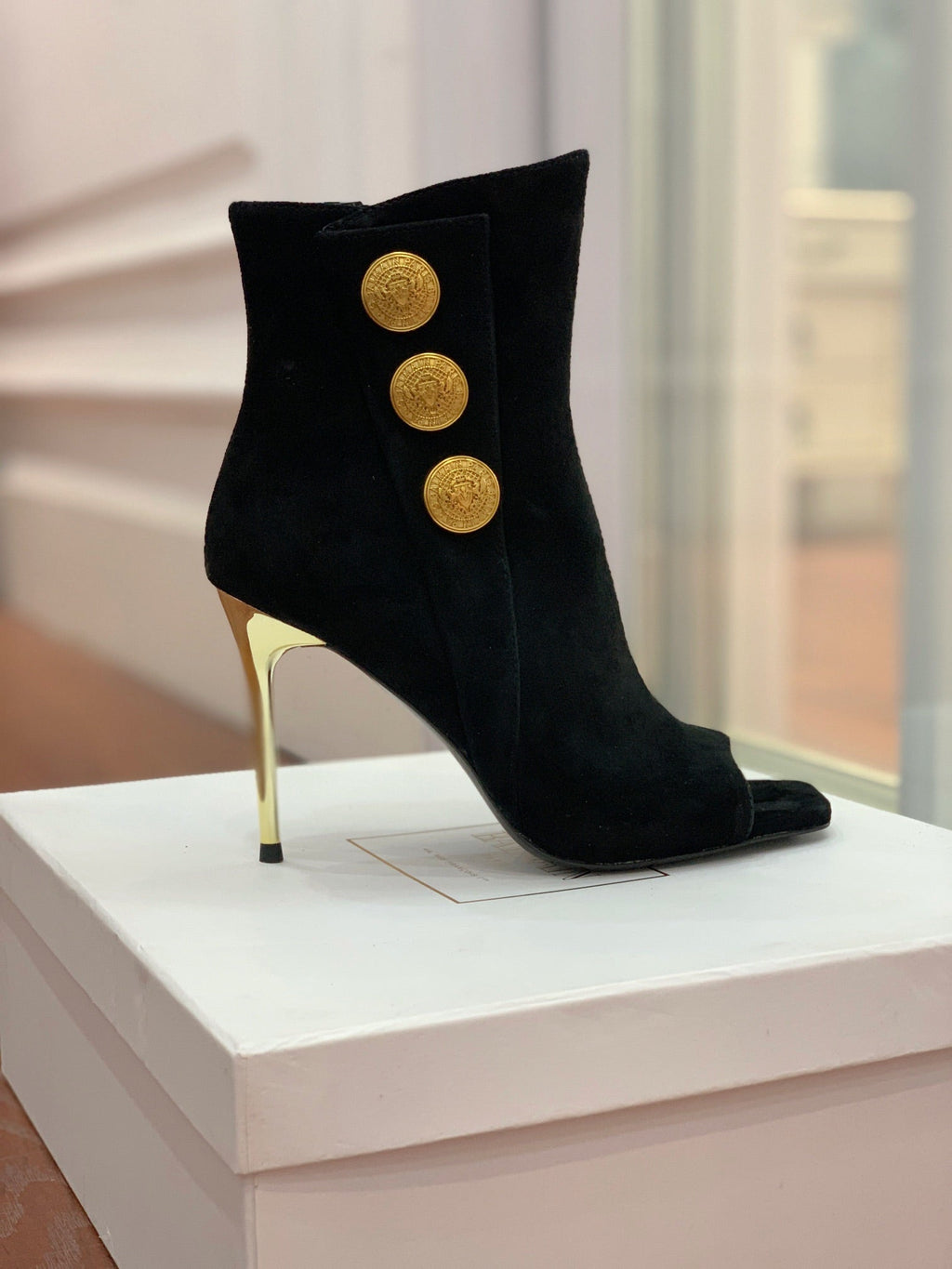 BALMAIN 26S OPEN-TOE BOOTS 95 MM IN BLACK SUEDE