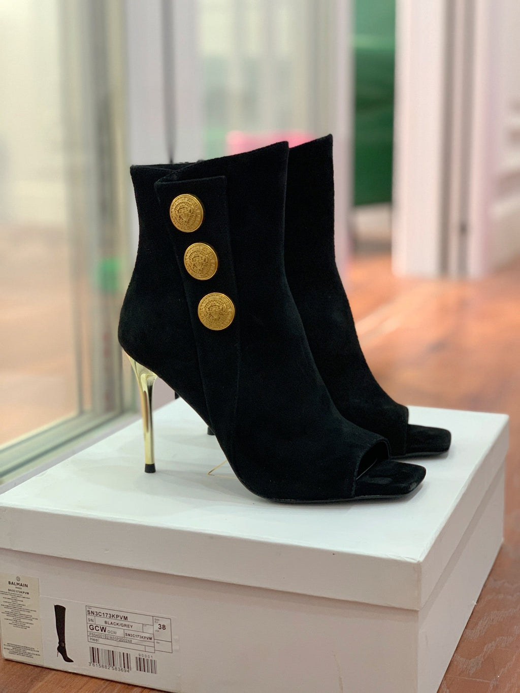 BALMAIN 26S OPEN-TOE BOOTS 95 MM IN BLACK SUEDE