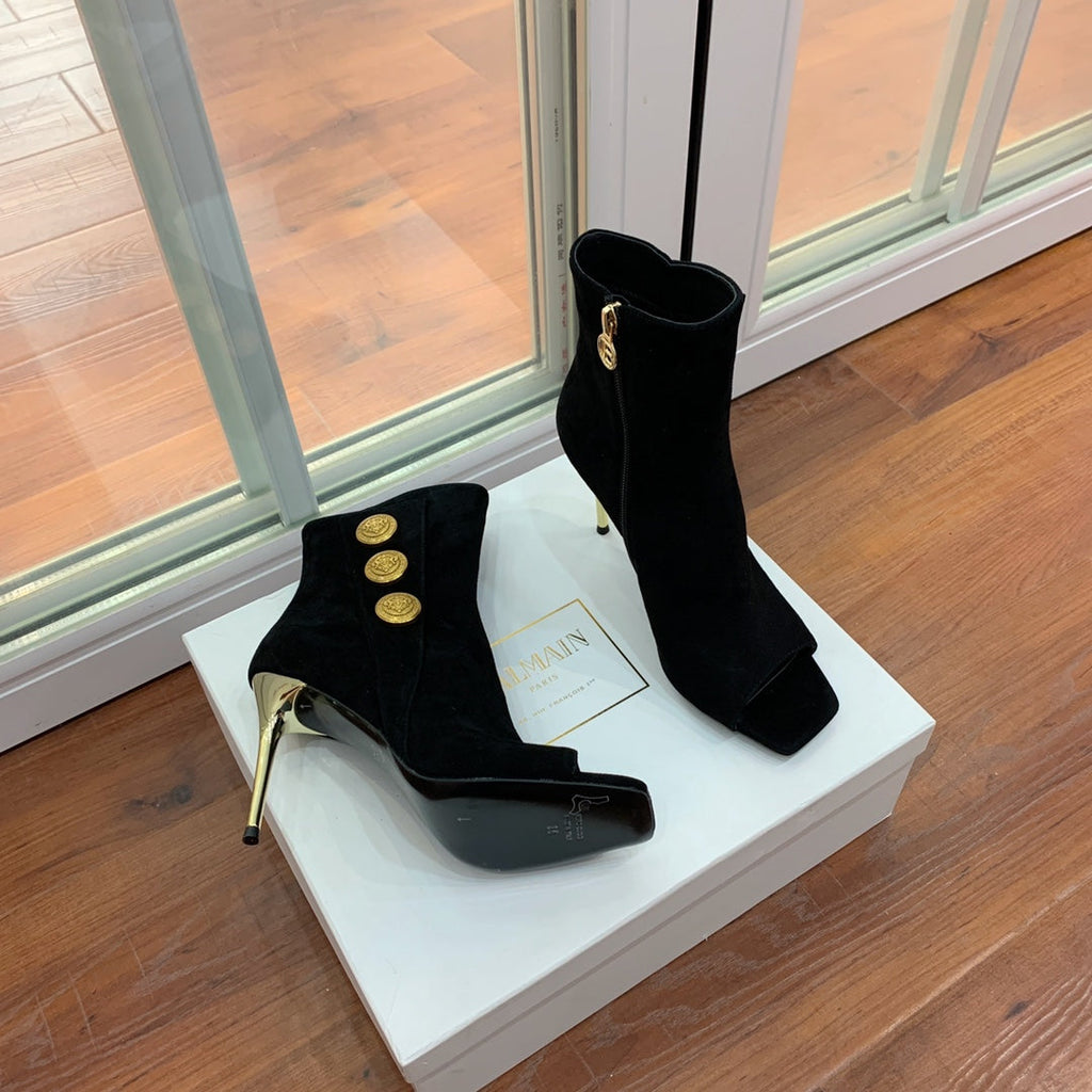 BALMAIN 26S OPEN-TOE BOOTS 95 MM IN BLACK SUEDE