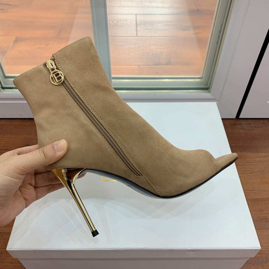 BALMAIN 26S OPEN-TOE BOOTS 95 MM IN LIGHT BROWN SUEDE