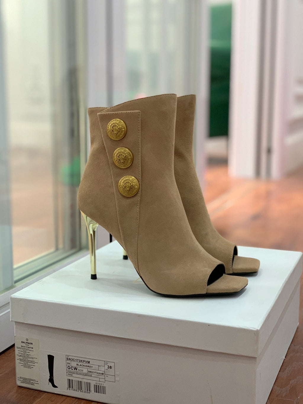 BALMAIN 26S OPEN-TOE BOOTS 95 MM IN LIGHT BROWN SUEDE