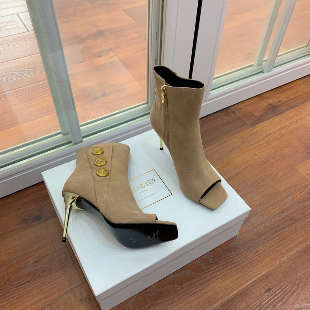 BALMAIN 26S OPEN-TOE BOOTS 95 MM IN LIGHT BROWN SUEDE