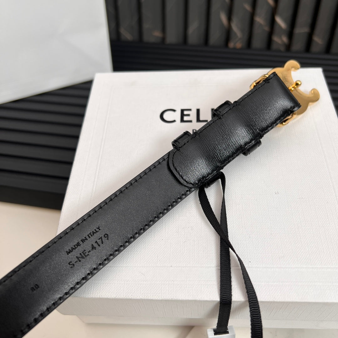 CELINE 25S TRIOMPHE BELT 25MM IN BLACK CALFSKIN 531766