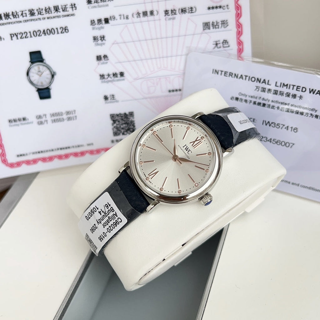 PORTOFINO AUTOMATIC 34 WATCH SILVER CASE WITH NAVY BLUE LEATHER STRAP AND WHITE DIAL