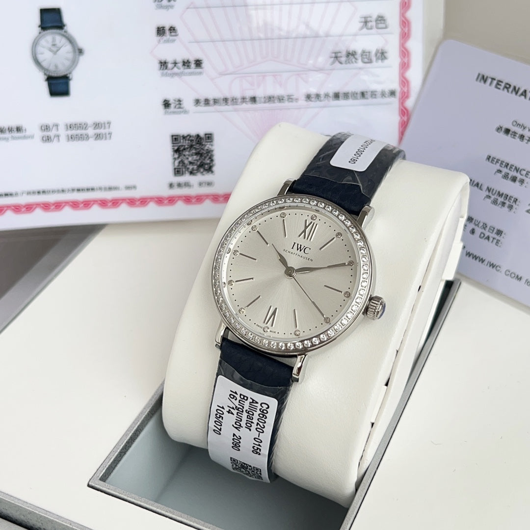 PORTOFINO AUTOMATIC 34 WATCH SILVER CASE WITH NAVY BLUE LEATHER STRAP AND WHITE DIAL