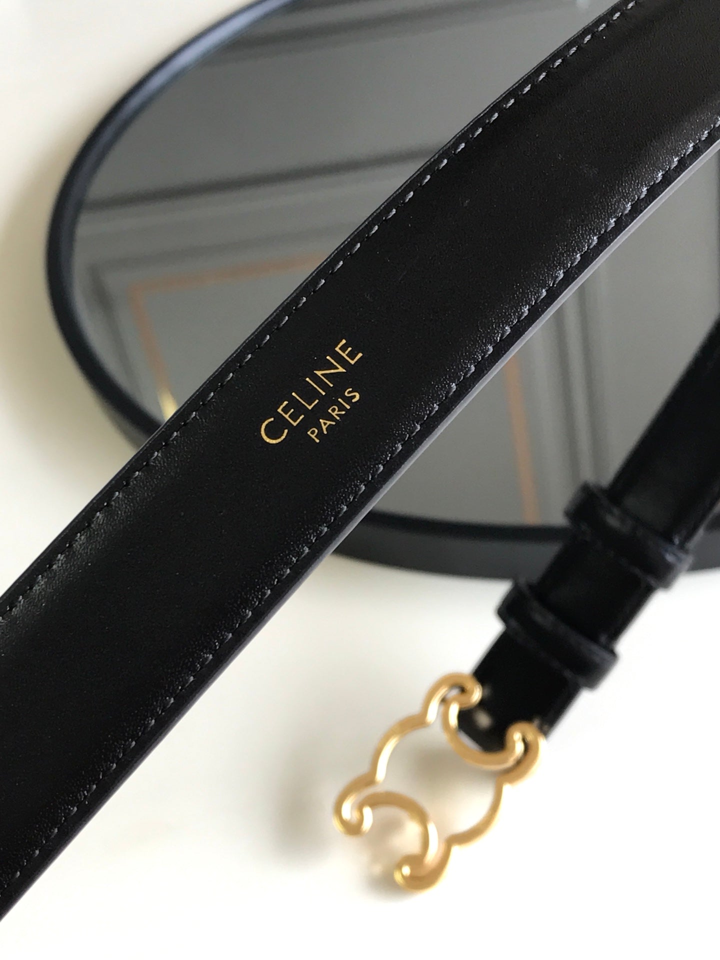 CELINE 25S BELT TRIOMPHE 25MM IN BLACK GLOSSY CALFSKIN 559675