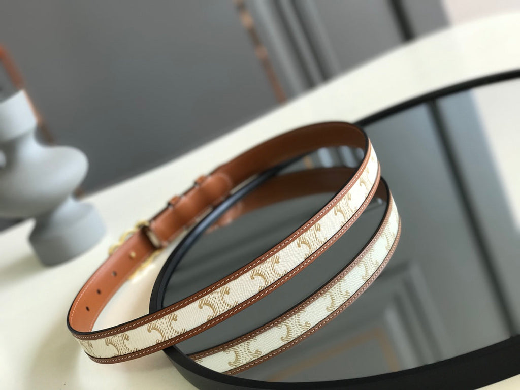 CELINE 25S BELT TRIOMPHE 25MM IN WHITE CALFSKIN AND CANVAS 559677
