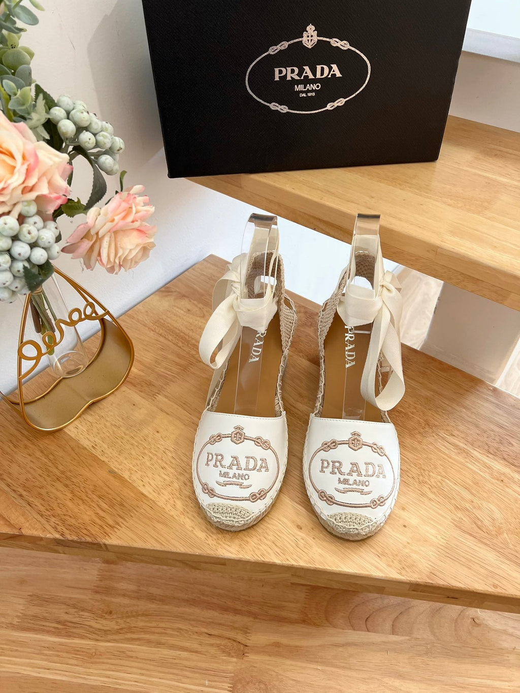 PRADA 26S ESPADRILLE HIGH HEEL SANDALS IN IVORY WHITE CALFSKIN