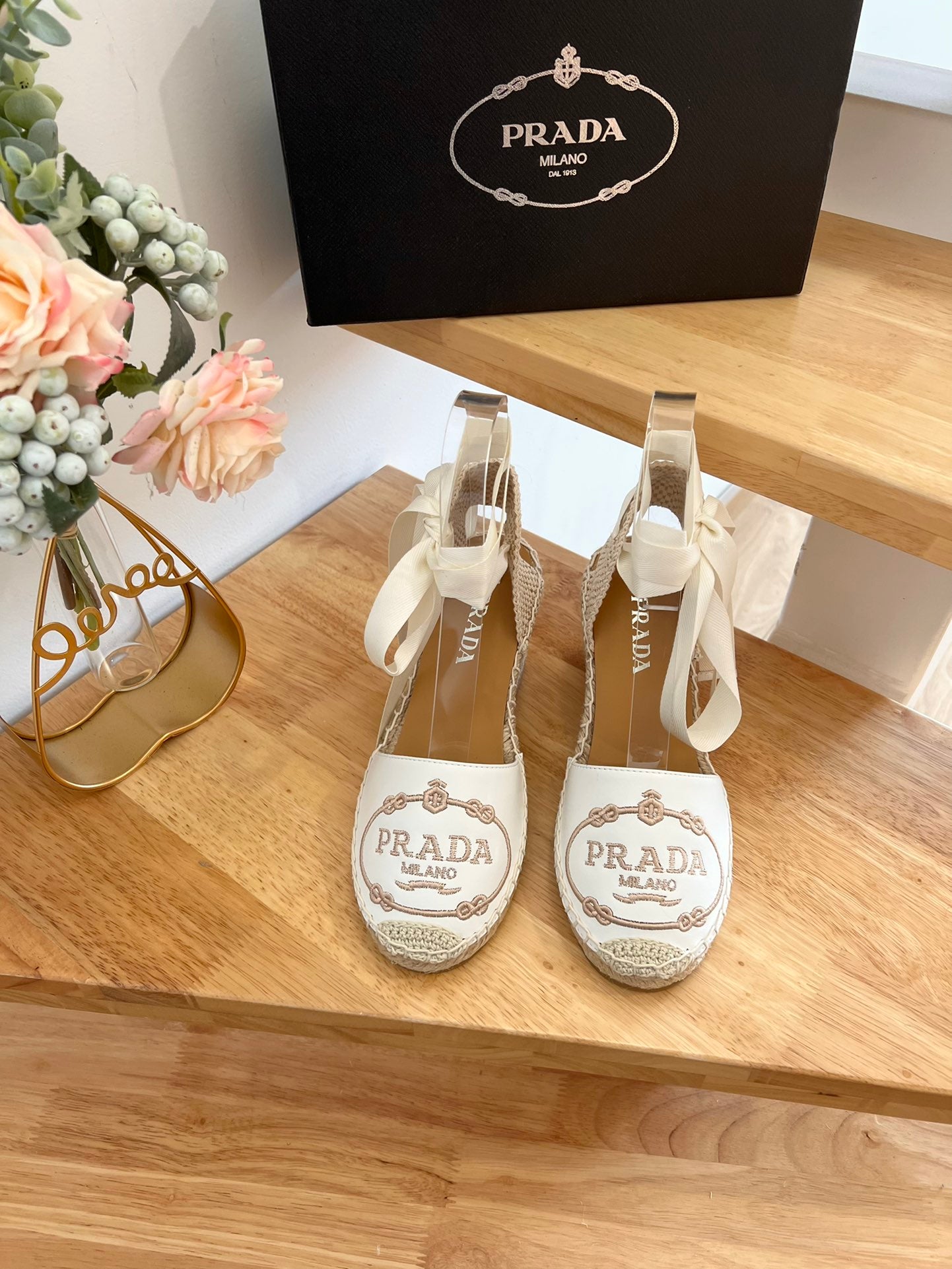 PRADA 26S ESPADRILLE HIGH HEEL SANDALS IN IVORY WHITE CALFSKIN