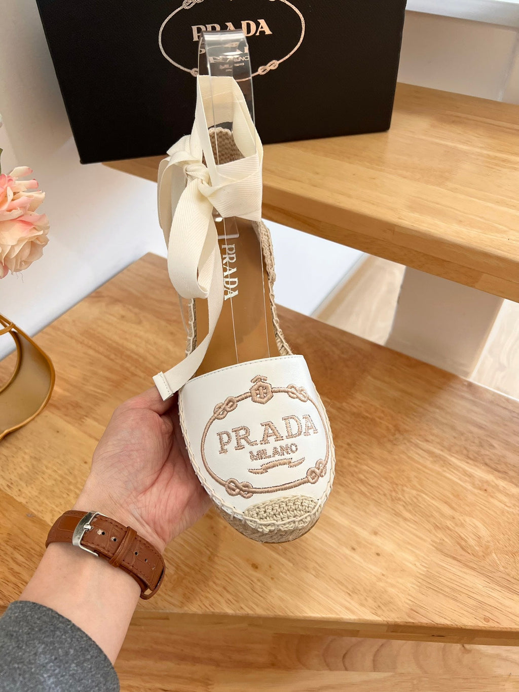 PRADA 26S ESPADRILLE HIGH HEEL SANDALS IN IVORY WHITE CALFSKIN